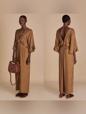 Anthropologie Sancia Wide Leg Flutter Sleeve Cupro Jumpsuit Brown Medium